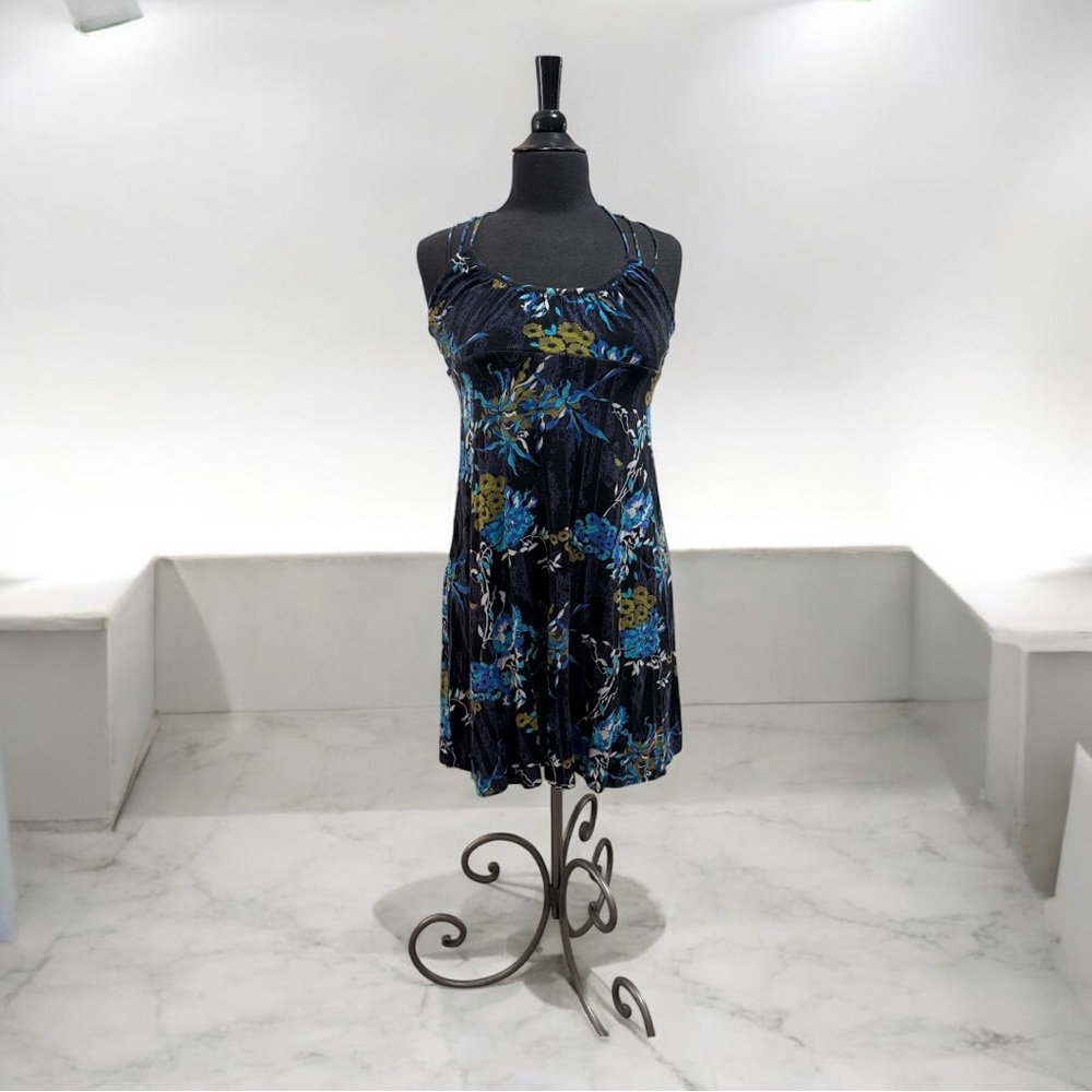 Free People Black Dress with Blue and Yellow Floral Design